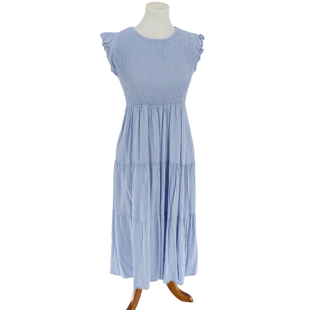 Light Blue Tiered Midi Dress With Smocked Bodice & Flutter Sleeves, M